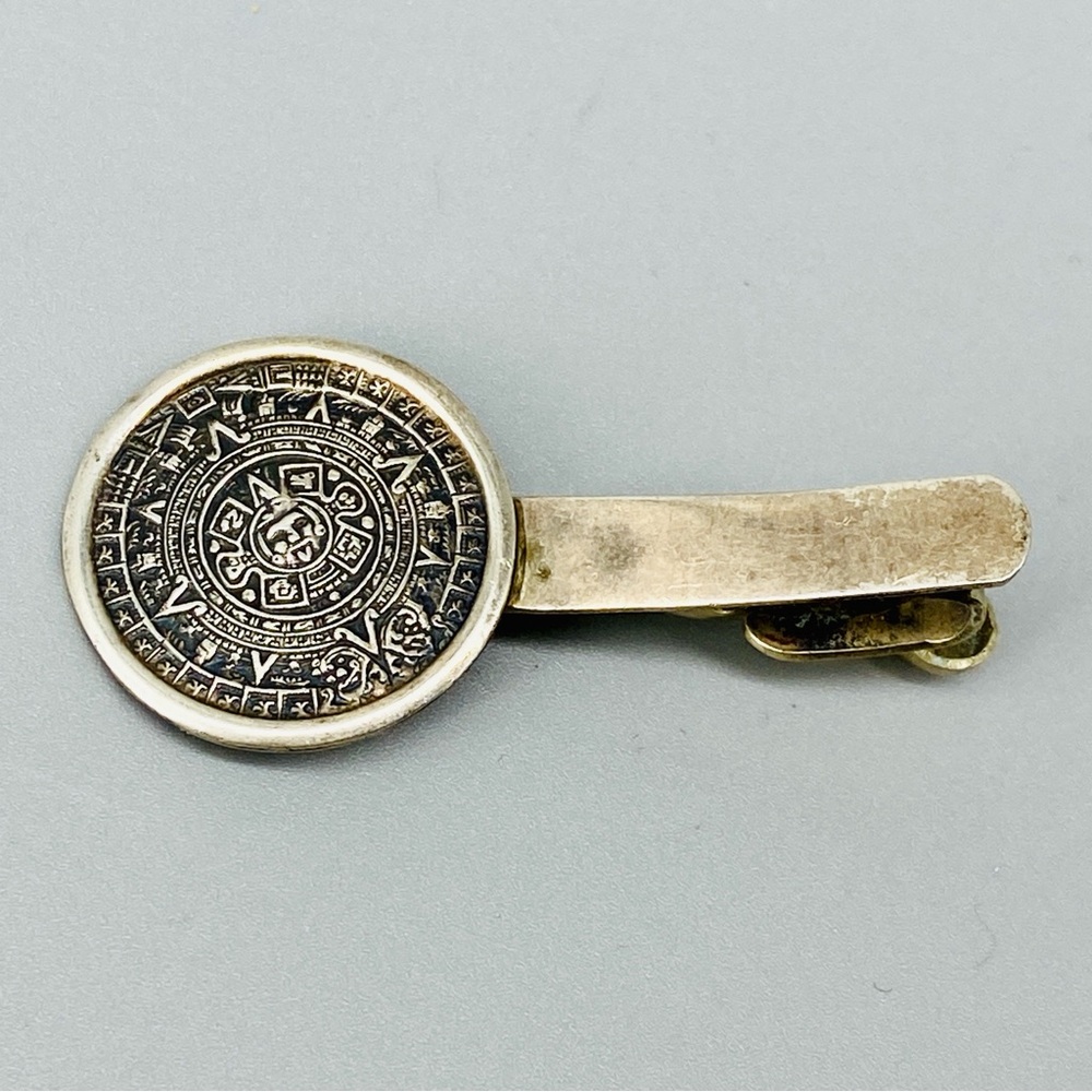 Vintage Sterling Silver Aztec Mayan Sun Calendar Tie Clip 925